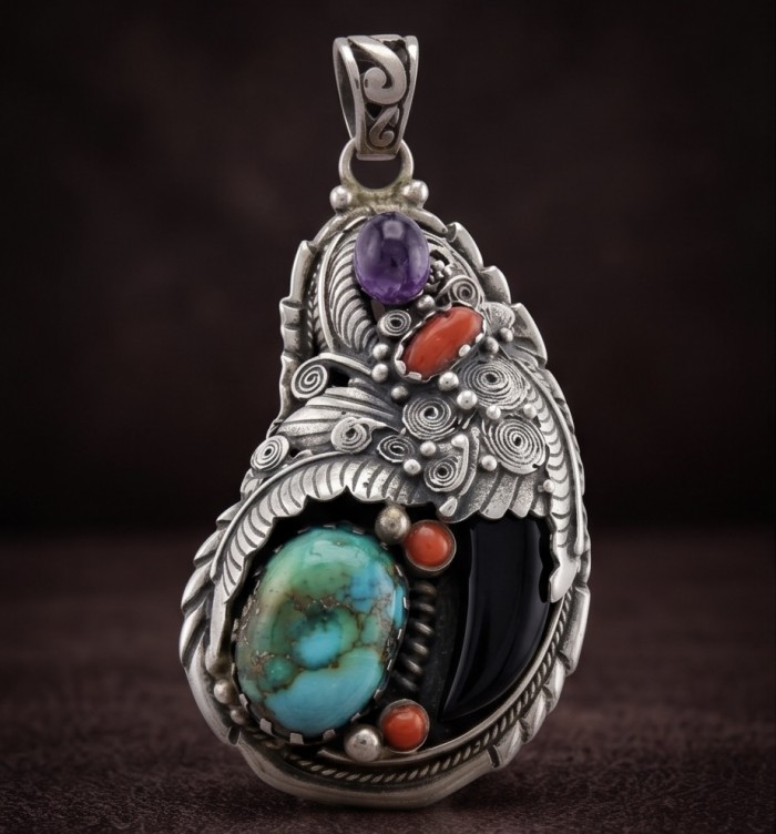 Go West - One of a kind - Morenci Turquoise fossilize Coral .925 Sterling Silver handmade pendant - Close-up of intricate pendant with turquoise, amethyst, and coral stones.