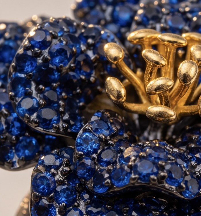 Blue Rose 22.5 carat Sapphire black rhodium over 18K Gold .925 Sterling Silver handcrafted ring size 8 1/2 - Close-up of Blue Rose Sapphire jewelry with gold accents