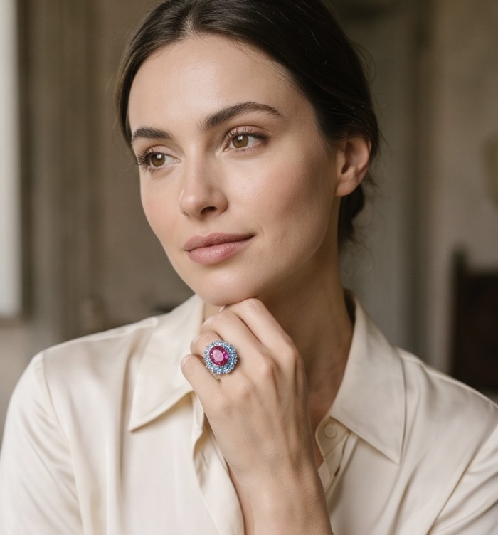 Anastasia 28.2 carat Pink Sapphire .925 Sterling Silver dipped in Rhodium Handcrafted Statement Ring size 8 - Woman wearing Anastasia 28.2 carat Pink Sapphire ring on hand close-up