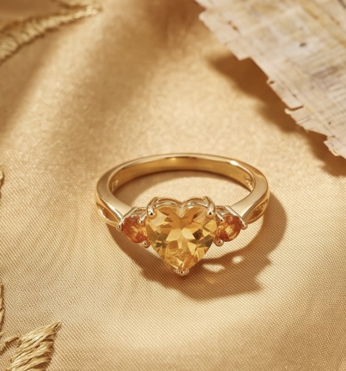 Victoria 5.2 carat Brazilian Citrine .925 Sterling Silver dipped in 22K Gold handcrafted ring; s. 9 - Heart-shaped citrine ring on satin, front view.