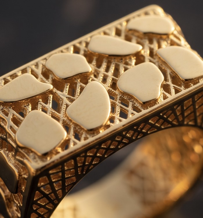 Dubai Style - .925 Sterling Silver dipped in 22K Gold handmade Large ring size 8 - Close-up of ring with gold and enamel detailing, lattice design visible