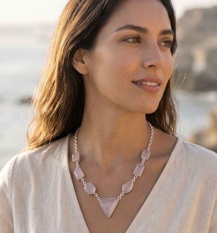 Moonlight Serenade authentic 32.5 carat Brazilian Rose Quartz rhodium over .925 Sterling Silver handcrafted necklace - Side view of Moonlight Serenade necklace with rose quartz stones.