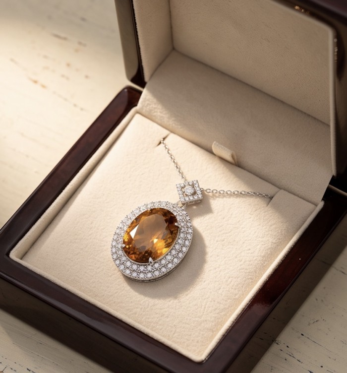 Luxury genuine 45.5 CARAT oval cut Champagne Topaz .925 Sterling Silver dipped in rhodium handmade Pendant - Champagne Topaz necklace in box, top view, luxury jewelry display