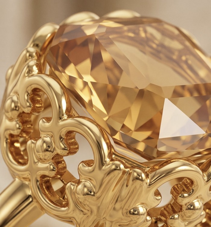 Solid 12.8 carat Genuine Lemon Quartz 18K Gold over .925 Sterling Silver handcrafted ring size 9 1/2 - Close-up of 12.8 carat lemon quartz ring in 18K gold setting.
