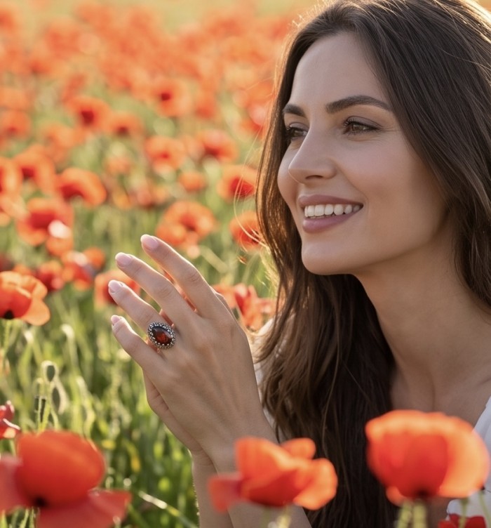 Red Mystery Authentic 18.4 carat Garnet .925 Sterling Silver brilliantly handcrafted large Statement Ring size 7 - Garnet ring worn on hand amidst poppy flowers, side view.