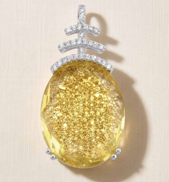 Summer Time 14.8 carat Lemon Quartz rhodium over .925 Sterling Silver handcrafted pendant - Front view of Summer Time lemon quartz pendant with silver accents.