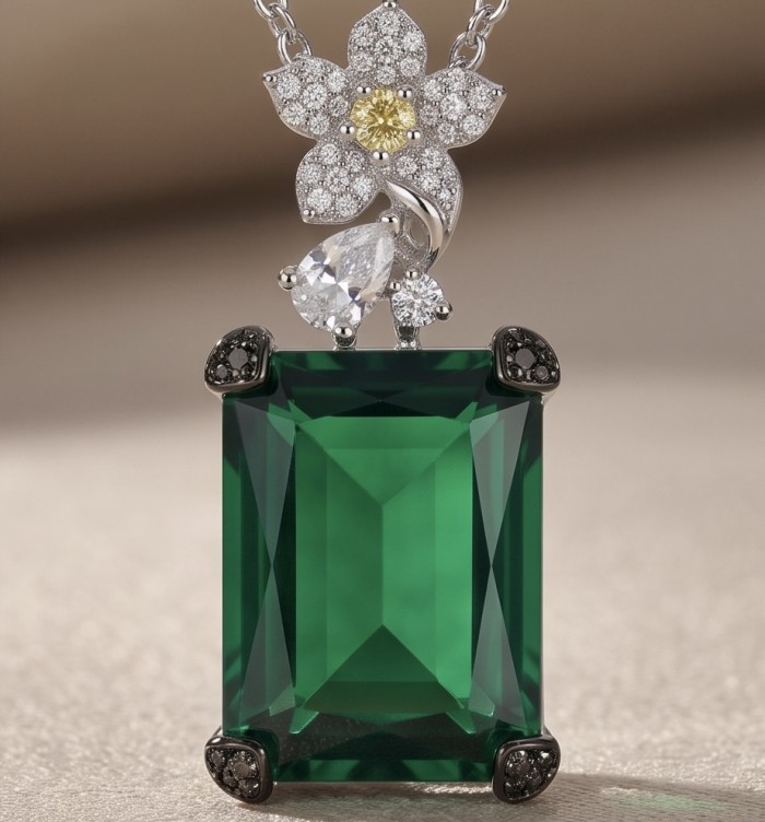 Luxurious emerald cut 14.9 carat Chrome Diopside rhodium over .925 Sterling Silver handmade Necklace - Close-up of emerald cut Chrome Diopside with floral diamond accents