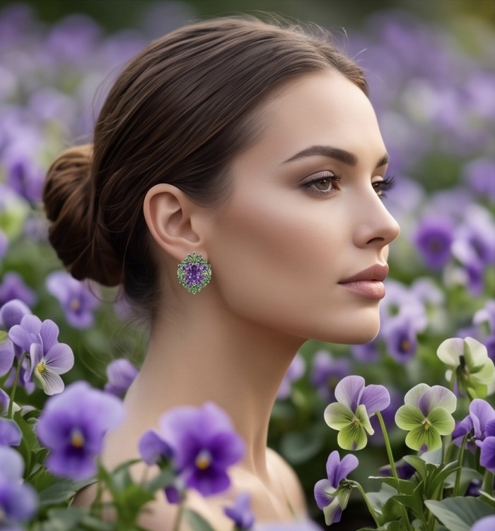 Rosaria Genuine 15.9 carat Brazilian Amethyst rhodium over .925 Sterling Silver handcrafted Statement earrings - Side view of woman wearing Rosaria 15.9 carat amethyst earrings
