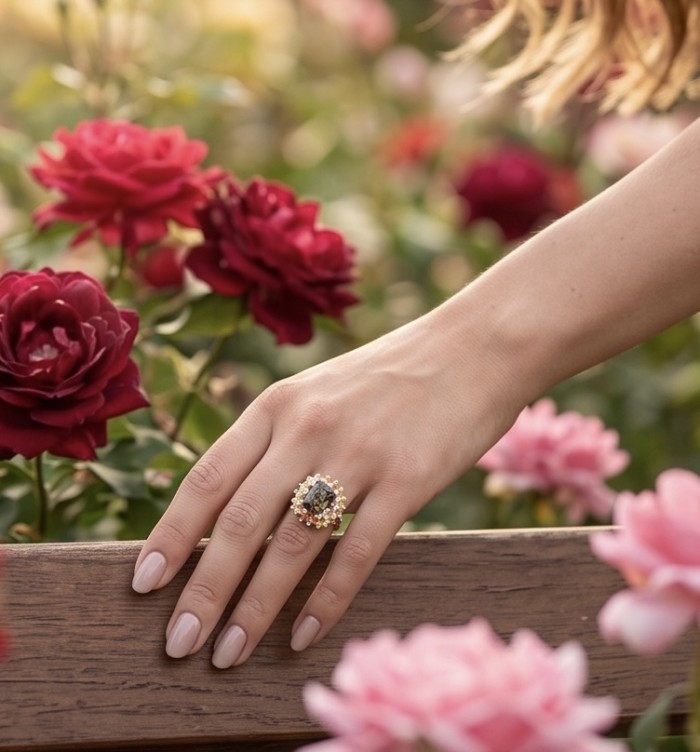 Serenity 16.5 carat Champagne Smoky Topaz Sapphire rhodium over .925 Sterling Silver handcrafted Ring size 6 - Hand wearing Serenity ring with flowers in background