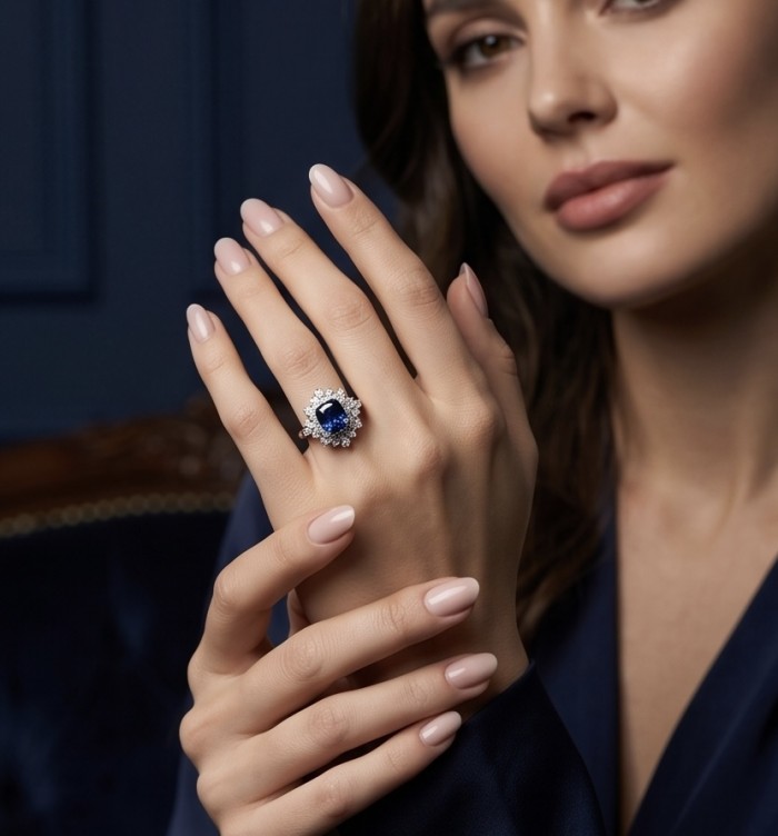 Classy design - baquette cut 8.7 carat natural Sapphire .925 Sterling Silver Perfectly handcrafted Ring s. 9 - Woman wearing a sapphire ring, close-up on hand and fingers.
