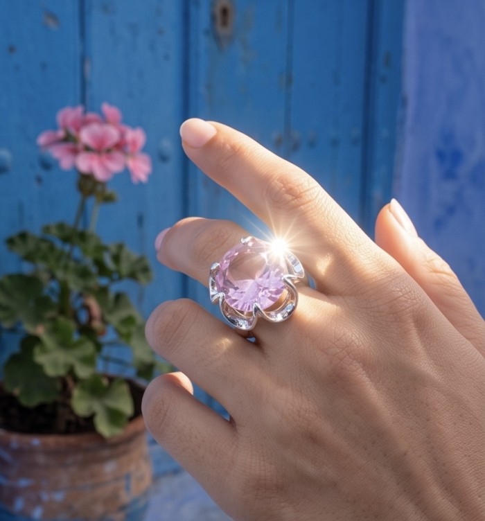 Norwegian Pink Fiord Topaz .925 Sterling Silver Ring s. 6 - Pink Fiord Topaz ring on hand, sunlight sparkle, blue door background