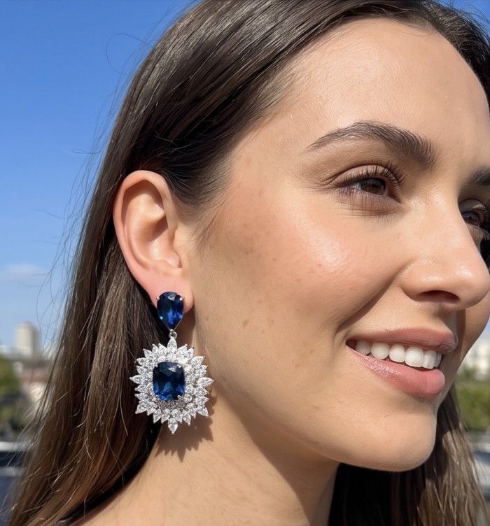 Giuseppina - Authentic 15.5 carat Amethyst Sapphire rhodium over .925 Sterling Silver handcrafted Statement earrings - Side view of earrings with blue sapphire stones and diamond accents.