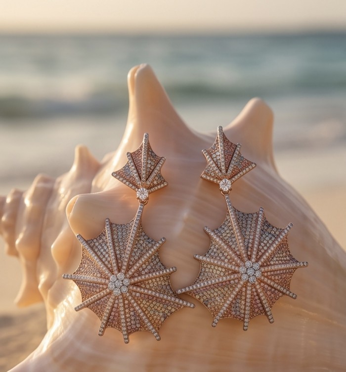 Oceania Precious 4.1 carat pave White Topaz 18K Rose Gold over .925 Sterling Silver Golden Handcrafted Earrings - Earrings on seashell, front view, Oceania Precious 4.1ct white topaz.