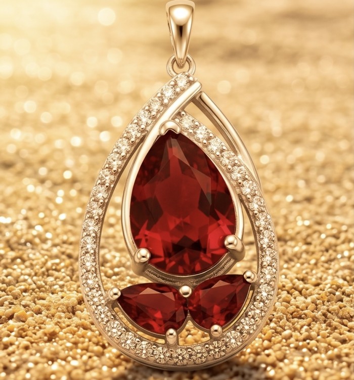 Vintage Beauty 5.7 carat Ruby Rhodium over .925 Sterling Silver handcrafted pendant - Close-up of Vintage Beauty 5.7 carat Ruby pendant on golden background