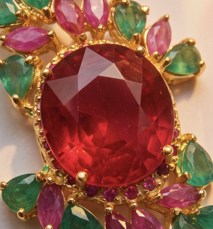 Abundant Blessings Genuine 22.5 carat Ruby 8.2 carat Emerald 18K Gold over .925 Sterling Silver handmade Pendant - Close-up of Abundant Blessings ruby and emerald-studded jewelry piece