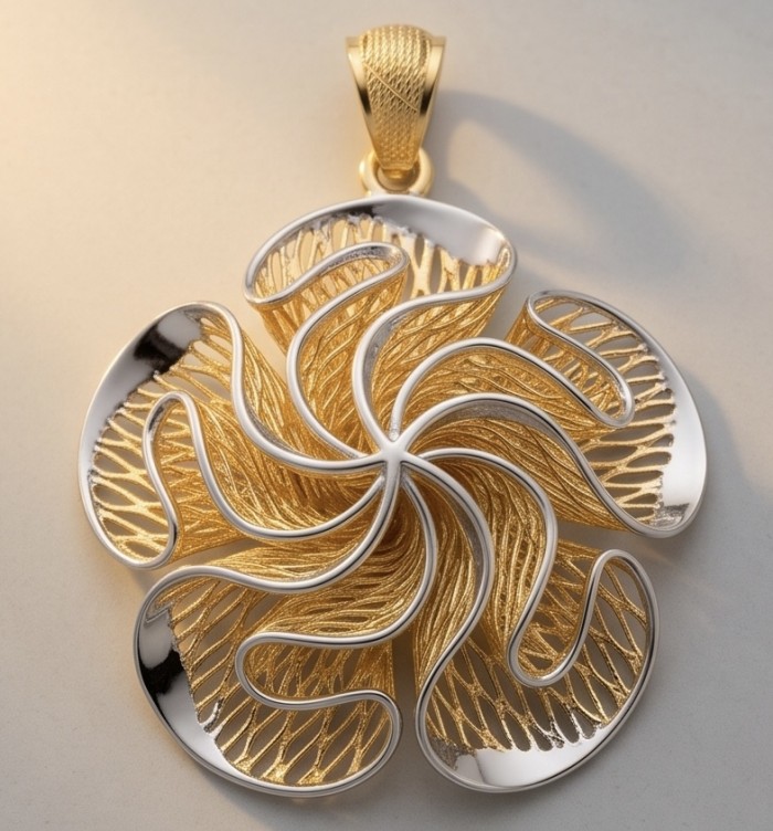 Dubai Style - Blooming Golden Rose .925 Sterling Silver dipped in 22K Gold handmade Pendant - Gold and silver floral pendant, top view, intricate swirl design.