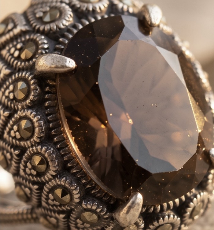 Serenity 19.5 carat Champagne Smoky Topaz rhodium over .925 Sterling Silver HUGE Ring size 8 - Stone close-up of Serenity 19.5ct Champagne Smoky Topaz ring