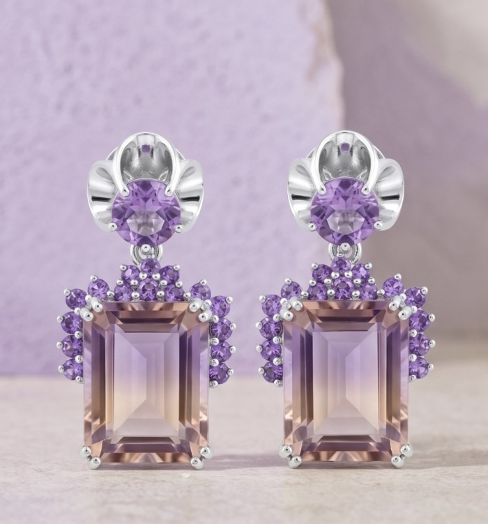 Charlotte Authentic 14.4 carat Green Ametrine rhodium over .925 Sterling Silver handcrafted Statement Earrings - Front view of Charlotte Authentic earrings with ametrine and purple stones