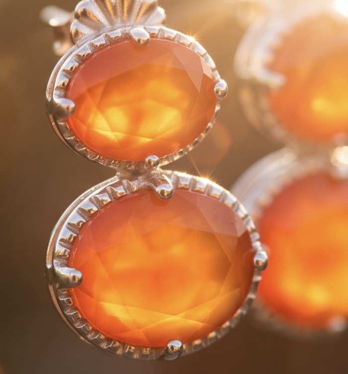 Valentina 4.9 carat Natural Orange Opal rhodium over .925 Sterling Silver handcrafted earrings - Close-up of Valentina 4.9 carat orange opal earrings in rhodium over .925.