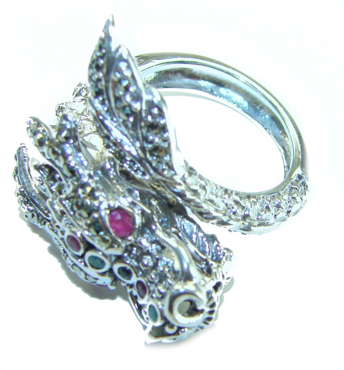 Reclaim your Power 12.5 grams Authentic Marcasite .925 Sterling Silver Handcrafted Large Ring size 8 - Side view of ornate marcasite ring with red gemstone accents