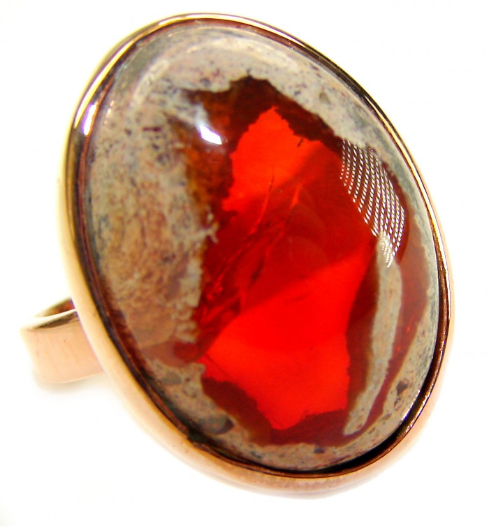 Golden Galaxy best quality 25.8 carat Mexican Opal 18K Rose Gold over .925 Sterling Silver handmade ring 7 adjustable - Close-up of 25.8 carat Mexican Opal ring in 18K rose gold setting.