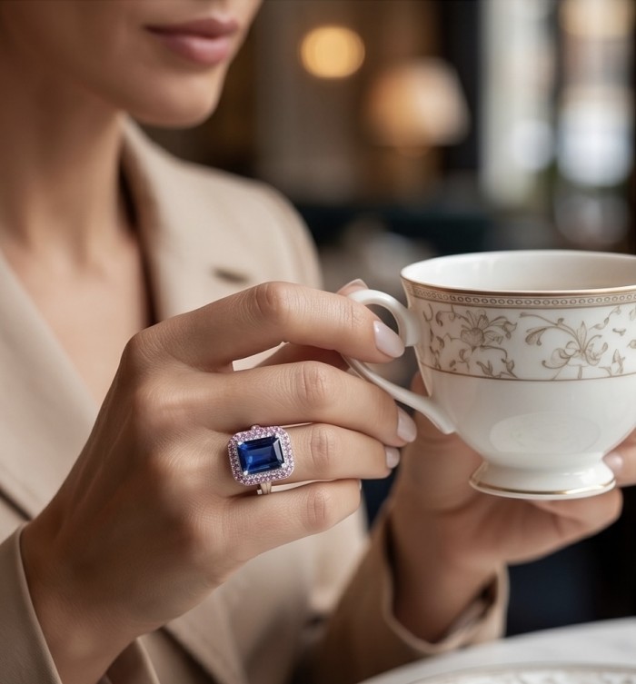 Suzanna 5.5 ctw Sapphire Ruby .925 Sterling Silver handcrafted Statement Ring size 7 1/2 - Sapphire and ruby ring worn on hand holding a teacup