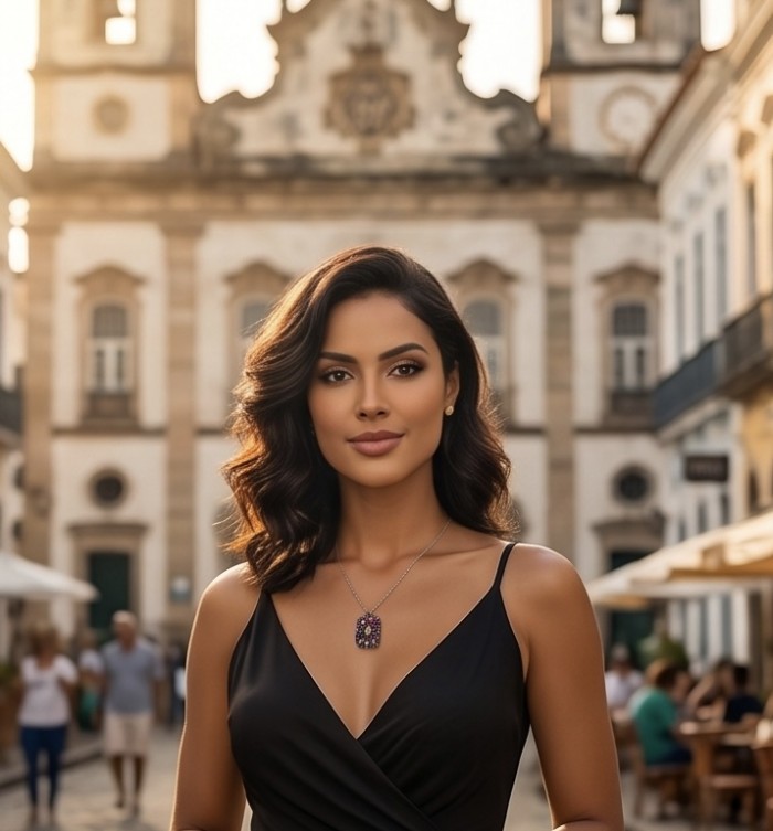 14.5 carat Brazilian Watermalon Tourmaline black rhodium over .925 Sterling Silver handmade Pendant - Woman wearing 14.5 carat watermelon tourmaline necklace, front view.