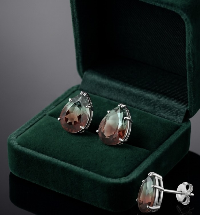 From dawn to dusk authentic 11.2 carat Brazilian Smoky Topaz .925 Sterling Silver handcrafted earrings - Pear-shaped earrings in velvet box, top view