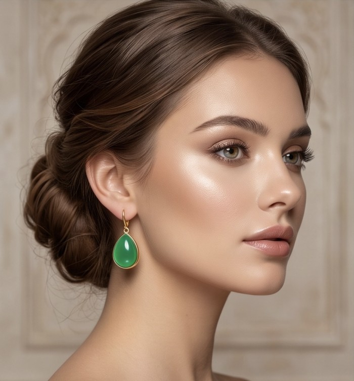 Unique genuine Jade 18K Gold over over .925 Sterling Silver handcrafted earrings - Side view of jade earring worn, 18K gold over .925 sterling silver.