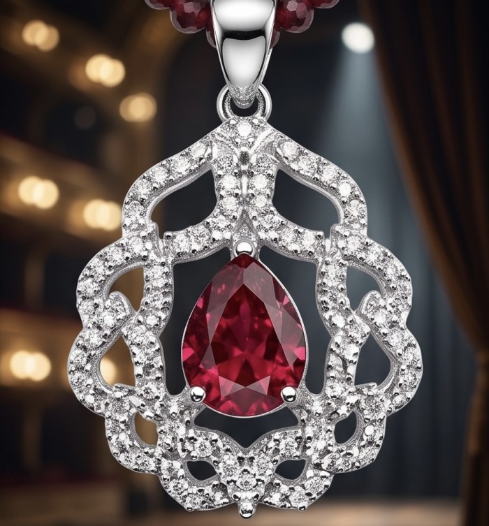 Serafina - Magnificent Jewel 4.8 carat Ruby .925 Sterling Silver handcrafted incredible Statement Necklace - Close-up of Serafina pendant with 4.8-carat ruby and sterling silver design.