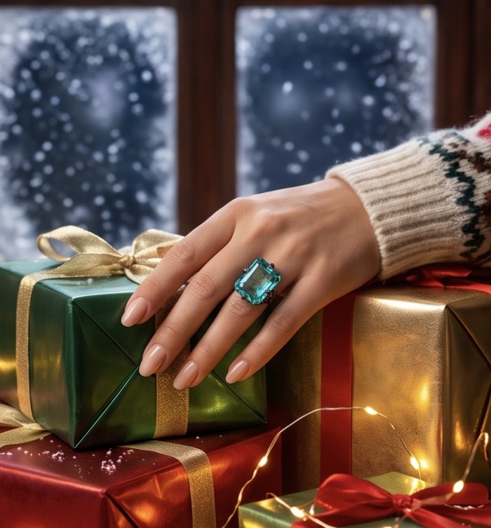 Authentic 24.1 carat Aquamarine Black rhodium over .925 Sterling Silver Handcrafted Ring size 7 - Aquamarine ring worn on hand with wrapped gifts in background.