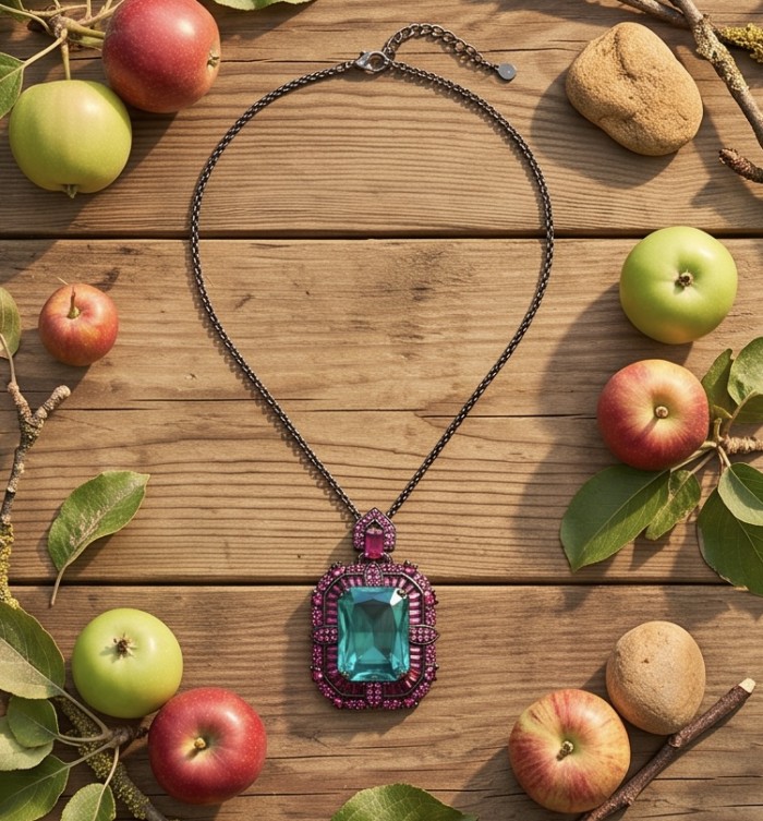 ART DECO Authentic 27.7 carat Aquamarine Ruby Black rhodium over .925 Sterling Silver handmade necklace - Top view of ART DECO necklace with aquamarine and ruby stones.