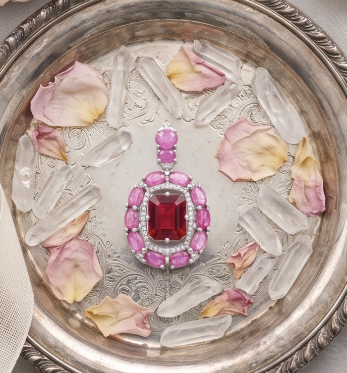 Giovanna 14.2 carat authentic Mozambique Ruby .925 Sterling Silver handmade Pendant - Ruby pendant with crystal and petal accents on a decorative tray.