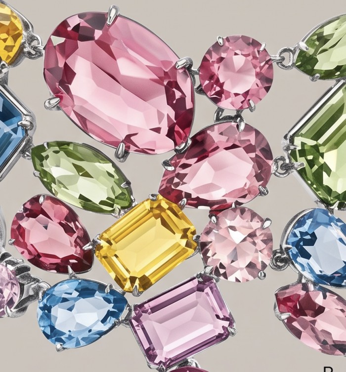 Dolce Vita 184.5 carat multicolor Topaz .925 Sterling Silver rhodium over handcrafted Statement Choker necklace - Close-up of multicolor topaz stones in sterling silver setting