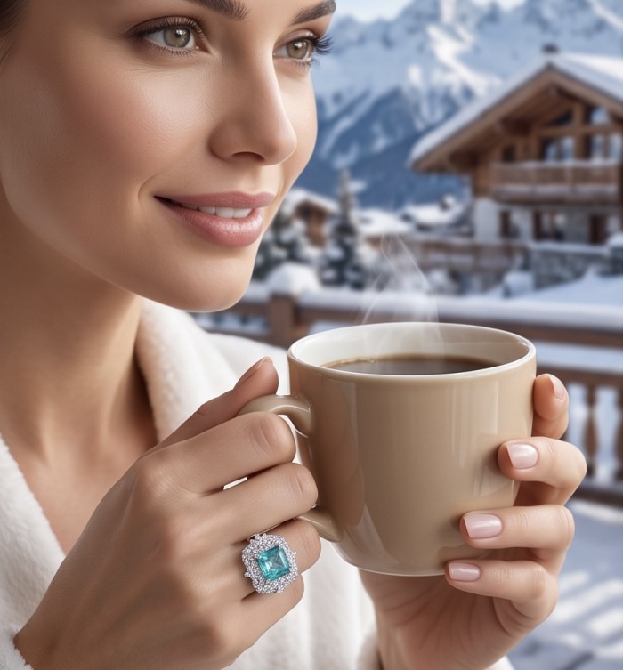 Elizabeth asscher cut 14.8 carat Colombian Emerald 15.3 carat Moissanite .925 Sterling Silver dipped in Rhodium handcrafted Ring size 7 - Woman with Asscher cut emerald ring holding a mug in a snowy setting.