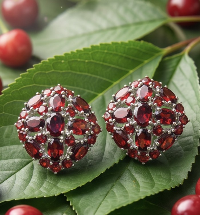 María Rosa - Real Art - Natural 20.2 carat Garnet from India .925 Sterling Silver handcrafted Large Statement earrings - Garnet earrings on leaves, top view, detailed gemstone arrangement.