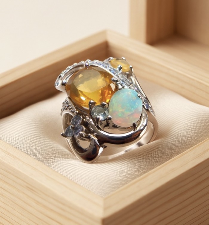 Giovanna 8.9 carat Brazilian Citrine 4.2 carat Australian Fire Opal .925 Sterling Silver dipped in rhodium handcrafted ring; s. 8 - Close-up of Giovanna ring with citrine and opal in a box.