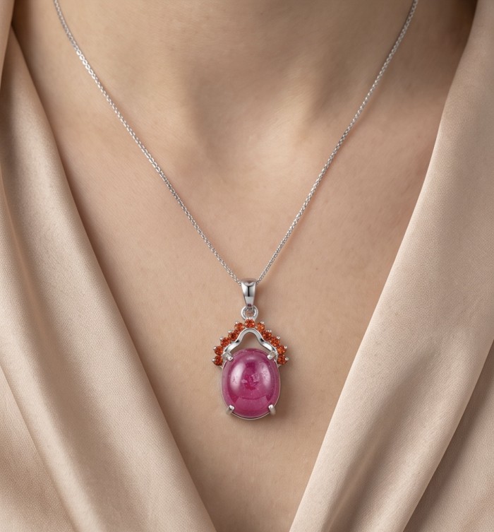 Authentic 6.5 CARAT Ruby .925 Sterling Silver Pendant - Pendant worn on neck, front view showing ruby and silver details
