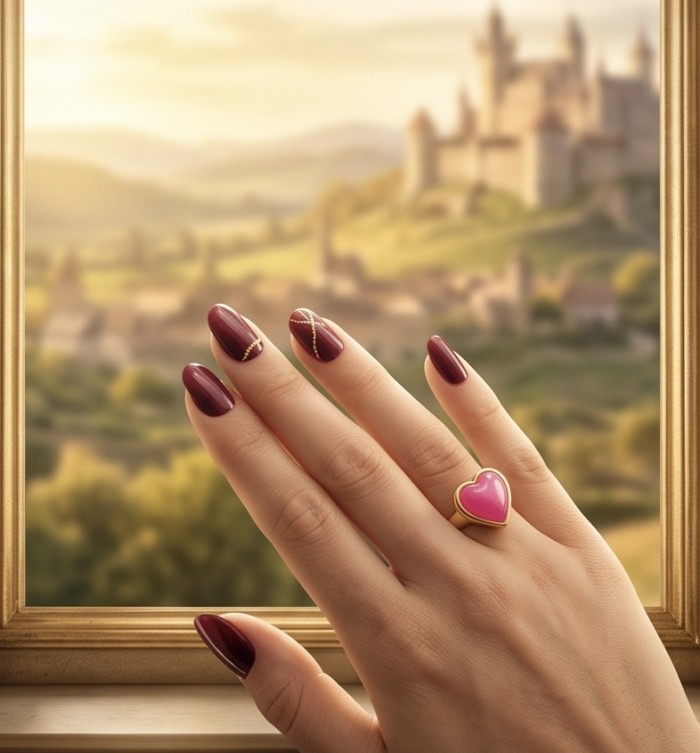 Angel's Heart Natural heart shape 12.7 carat Ruby .925 Sterling Silver dipped in 22K Gold handmade Statement Ring size 6 1/4 - Ruby heart ring worn on hand with scenic background.