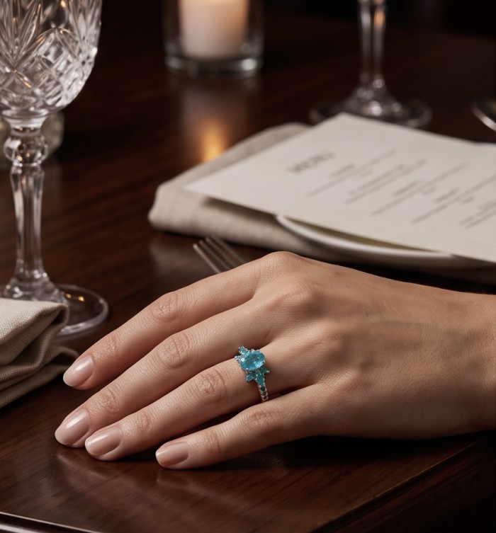 Wonderland 1.4 carat Paraiba Tourmaline .925 Sterling Silver Handcrafted Ring size 7 1/4 - Paraiba Tourmaline ring worn on hand, dining table setting.