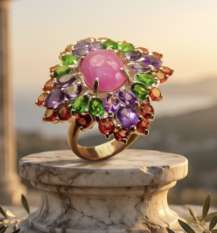 Giovanna Natural 28.6 carat Ruby .925 Sterling Silver dipped rhodium handmade Statement Ring size 7 - Colorful gemstone ring, top view on marble pedestal, evening backdrop.