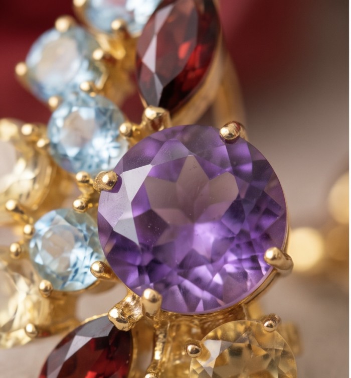 Giuseppina - Authentic 27.5 carat Amethyst 18k Gold over .925 Sterling Silver handcrafted Statement Earrings - Stone close-up of Giuseppina - Amethyst 18k Gold over .92 jewelry.