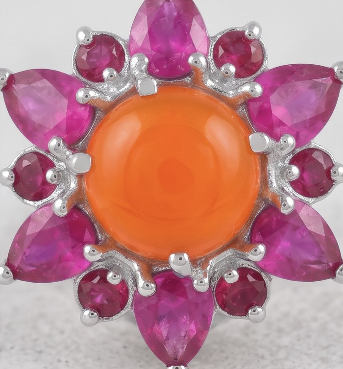 Beauty of nature Sublime Orange Carnelian RHODIUM OVER .925 Sterling Silver handmade earrings - Close-up of orange carnelian and pink stone flower-shaped jewelry.