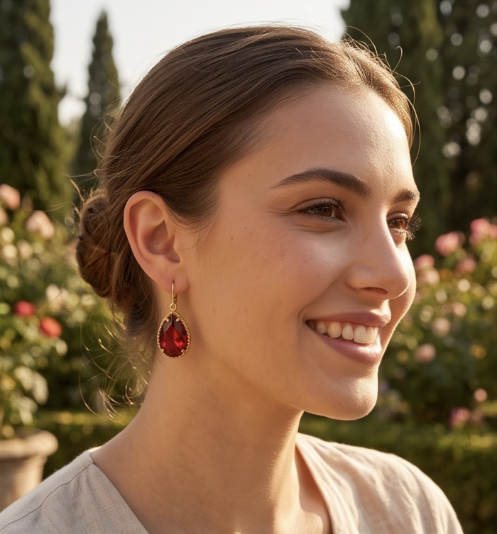 Giovanna - Magnificent classic design - 12.2 carat Kasmir Ruby .925 Sterling Silver dippedin 22K Gold handcrafted incredible Statement earrings - Side view of woman wearing Giovanna earrings with 12.2 carat Kasmir stone.