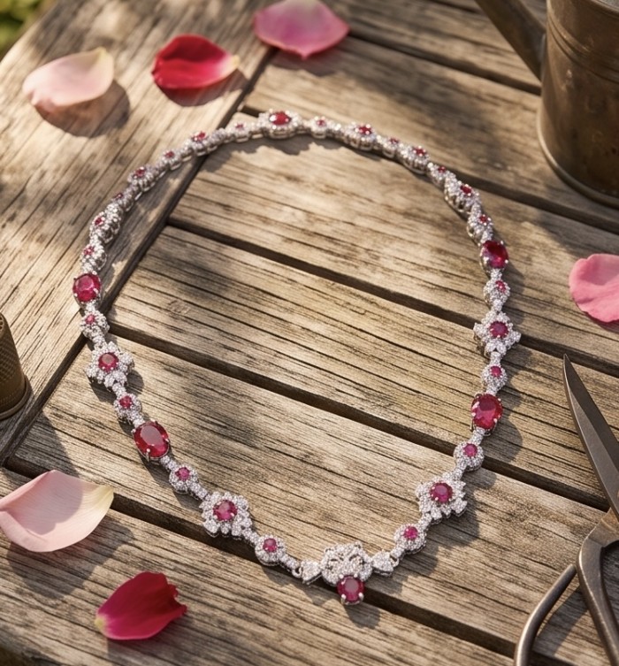 Leo - the King - Genuine 22.8 carat Ruby rhodium over .925 Sterling Silver handcrafted Statement Necklace - Ruby necklace on wood with petals, top view.
