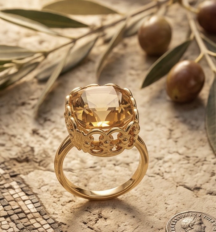 Solid 12.8 carat Genuine Lemon Quartz 18K Gold over .925 Sterling Silver handcrafted ring size 9 1/2 - Close-up of lemon quartz ring with ornate 18K gold setting.