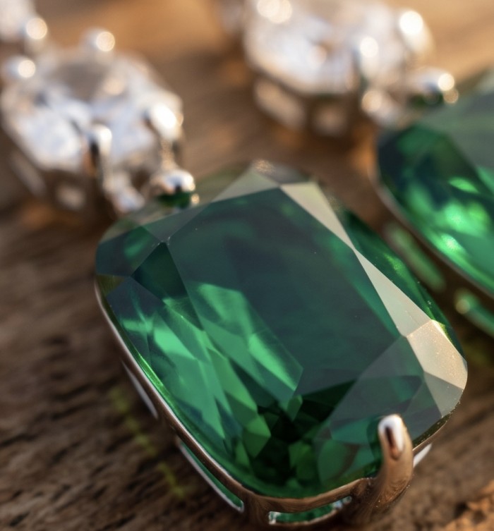 Giovanna- Authentic 8.5 CARAT natural Colombian Emerald .925 Sterling Silver handcrafted Statement earrings - Close-up of 8.5 carat Colombian emerald set in .925 silver.