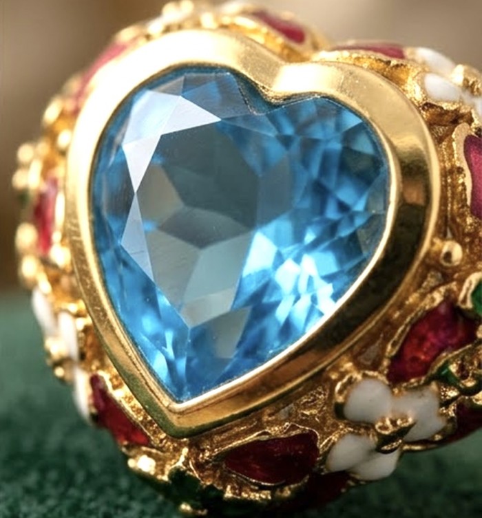 ANGEL'S HEART 6.8 carat Swiss Blue Topaz ENAMEL .925 Sterling Silver dipped in 22K Gold handcrafted ring size 7 1/2 - Close-up of heart-shaped blue topaz with gold and enamel detailing.