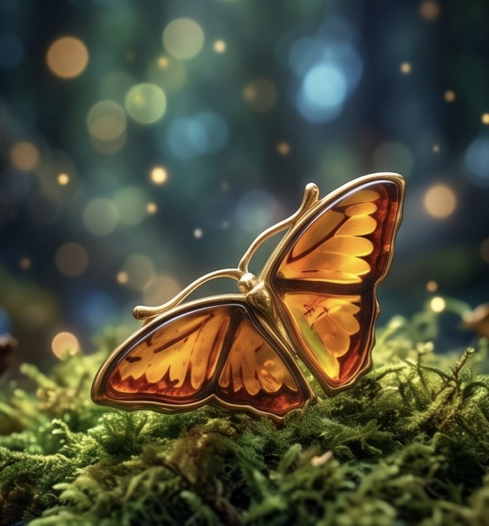 Butterfly Authentic Baltic Amber .925 Sterling Silver dipped in 18K Gold handcrafted ring; s. 6 adjustable - Butterfly amber brooch on moss, front view, with blurred lights.