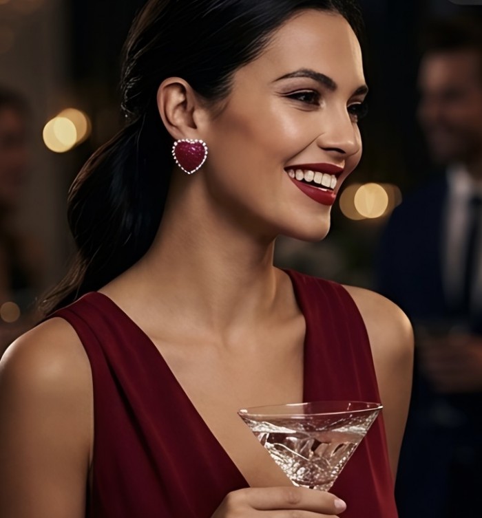 Genuine mystery setting 4.1 carat Ruby .925 Sterling Silver handcrafted Statement Earrings - Woman wearing heart-shaped ruby earrings, smiling, holding a cocktail.